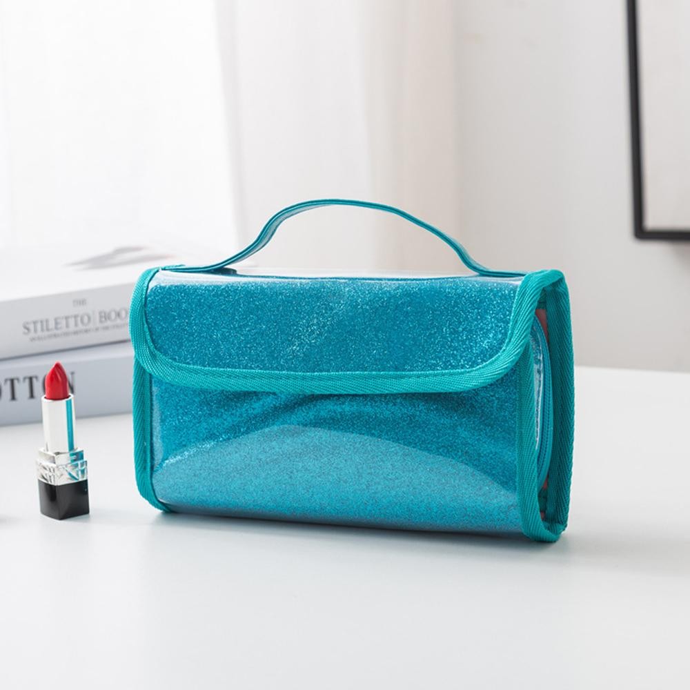 Foldable Glitter Make Up Bag With Vegan Leather Handle - Snap Closure - 1 Clear Zip Pocket - 6 Brush Holders - Approximately 8.5" L X 5.5" T X 1" D view 2