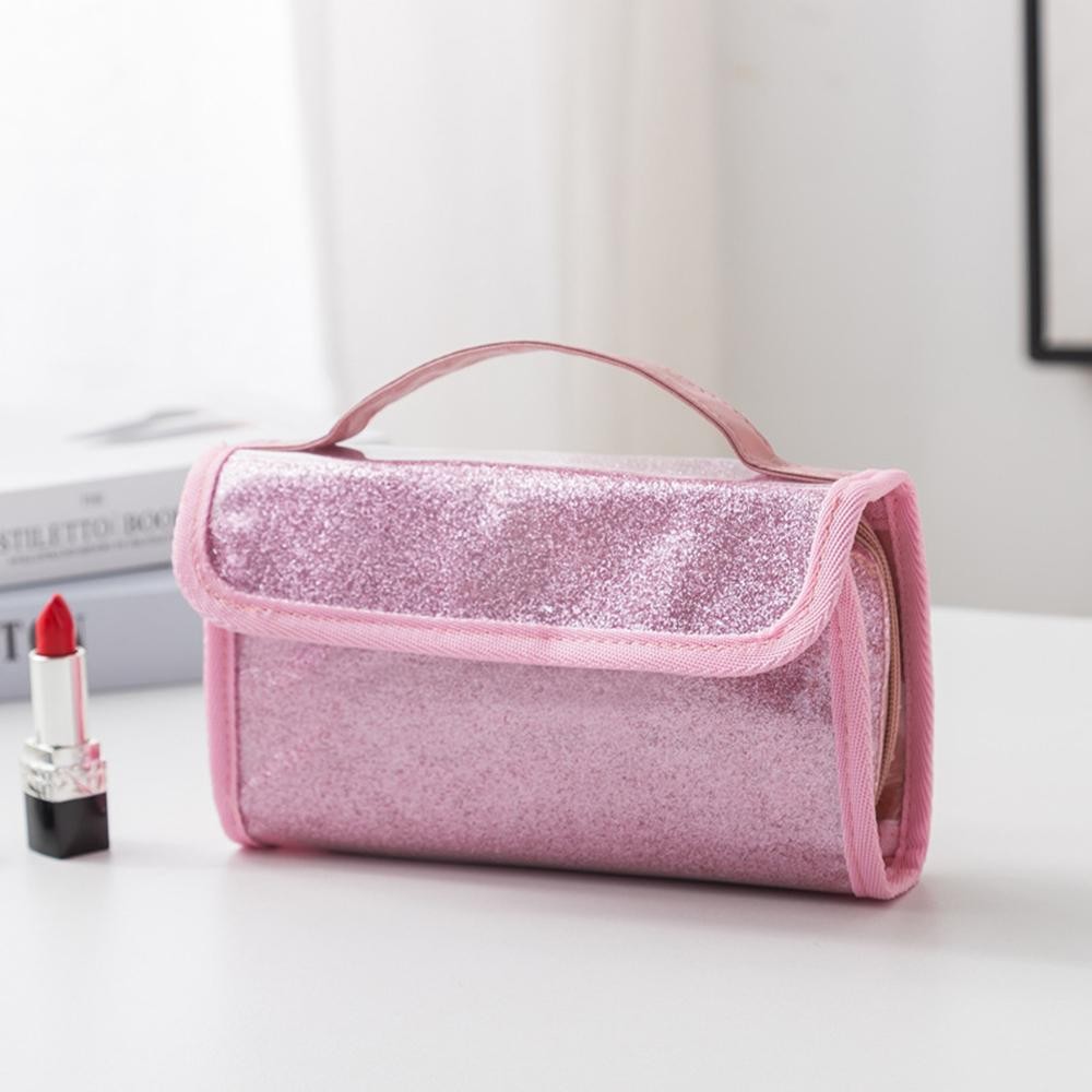 Foldable Glitter Make Up Bag With Vegan Leather Handle - Snap Closure - 1 Clear Zip Pocket - 6 Brush Holders - Approximately 8.5" L X 5.5" T X 1" D view 2