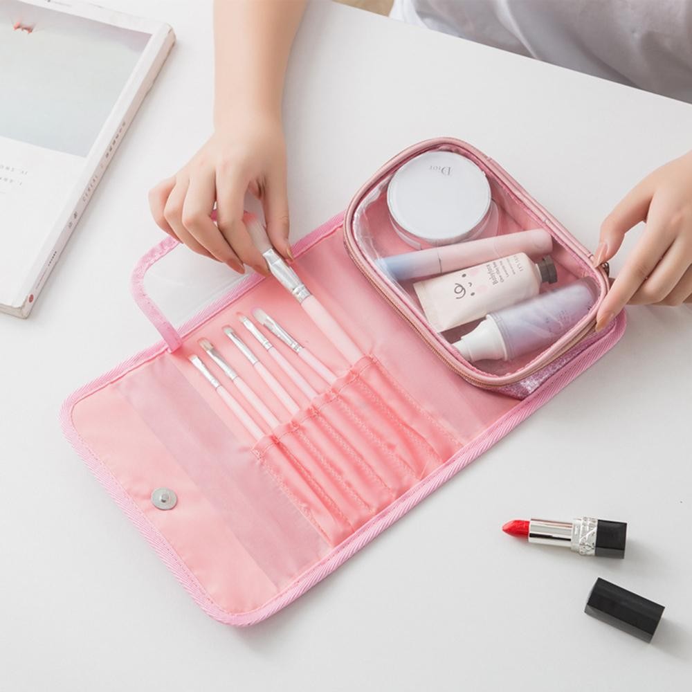Foldable Glitter Make Up Bag With Vegan Leather Handle - Snap Closure - 1 Clear Zip Pocket - 6 Brush Holders - Approximately 8.5" L X 5.5" T X 1" D view 4
