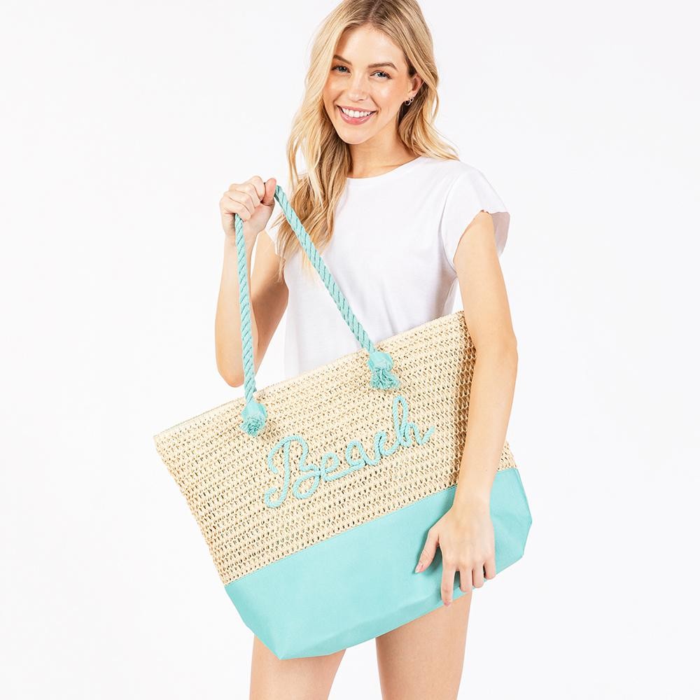 Canvas & Woven Straw Tote Bag With Rope Straps Featuring Sewn Rope "Beach" Detail - Full Zipper Closure - Lined Body with Open Pocket - Approximately 20" L X 15"T X 5" D - Strap Drop 10" L - 70% Paper / 30% Polyester view 4