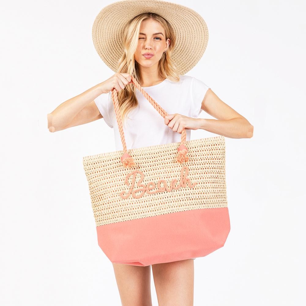 Canvas & Woven Straw Tote Bag With Rope Straps Featuring Sewn Rope "Beach" Detail - Full Zipper Closure - Lined Body with Open Pocket - Approximately 20" L X 15"T X 5" D - Strap Drop 10" L - 70% Paper / 30% Polyester view 4