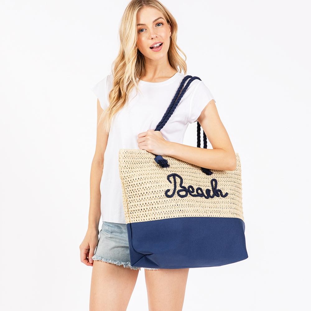 Canvas & Woven Straw Tote Bag With Rope Straps Featuring Sewn Rope "Beach" Detail - Full Zipper Closure - Lined Body with Open Pocket - Approximately 20" L X 15"T X 5" D - Strap Drop 10" L - 70% Paper / 30% Polyester view 2