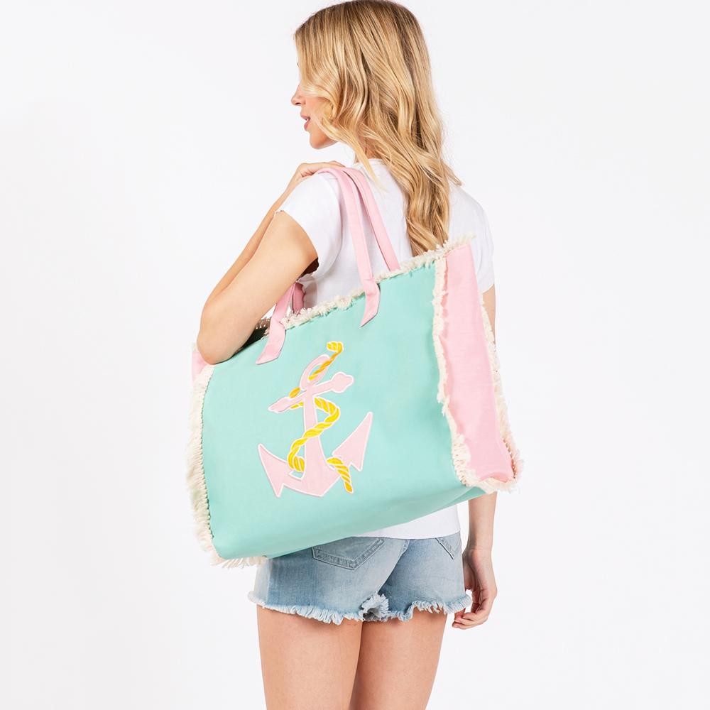 Canvas Fringe Tote Bag With Embroidered Anchor & Rope Detail - Full Zipper Closure - Lined Body with Open Pocket - Approximately 22.5" L X 13.5" T X 5" D - Strap Drop 8" L - 100% Polyester view 4