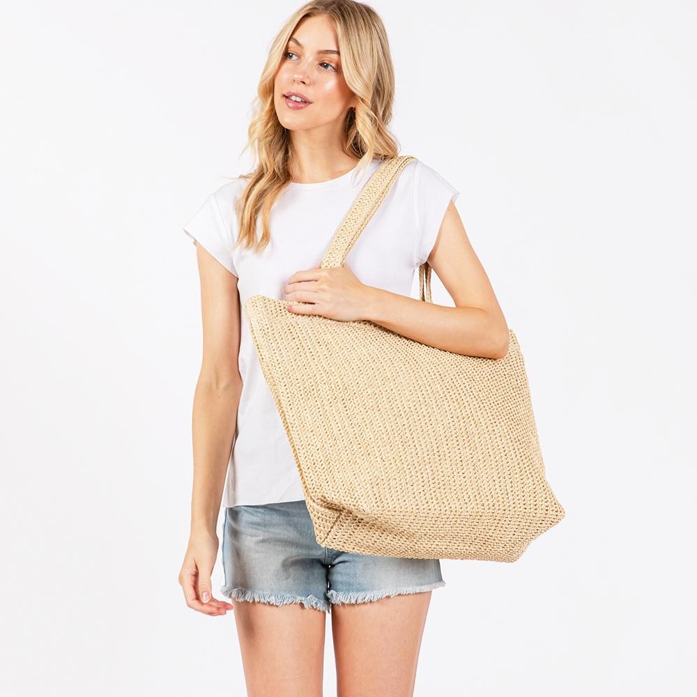 Woven Straw Tote Bag - Full Zipper Closure - Lined Body with Two Open Pockets - Approximately 19.5" L X 15" T X 6.6" D - Strap Drop 11" L - 100% Paper view 4