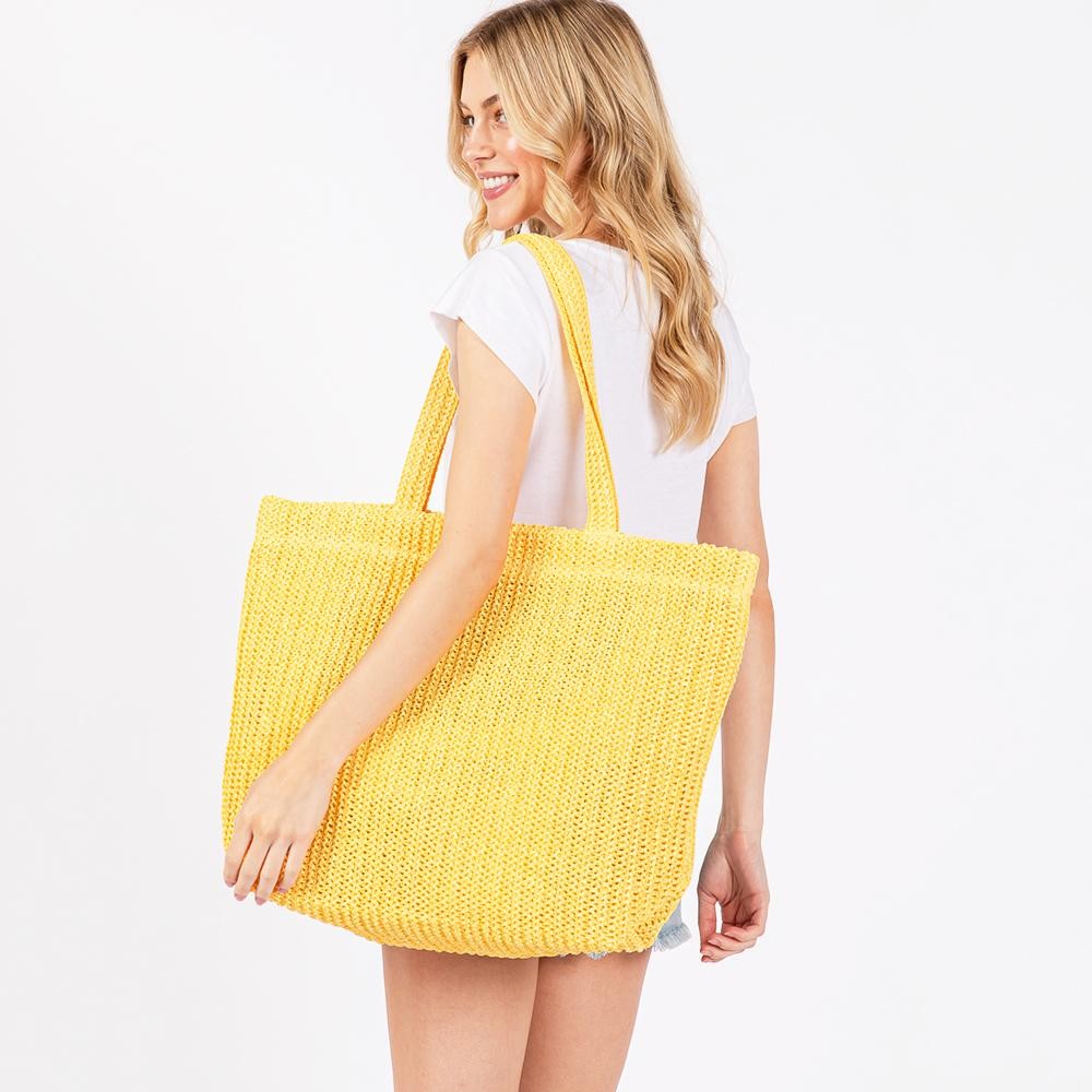 Woven Straw Tote Bag - Full Zipper Closure - Lined Body with Two Open Pockets - Approximately 19.5" L X 15" T X 6.6" D - Strap Drop 11" L - 100% Paper view 6