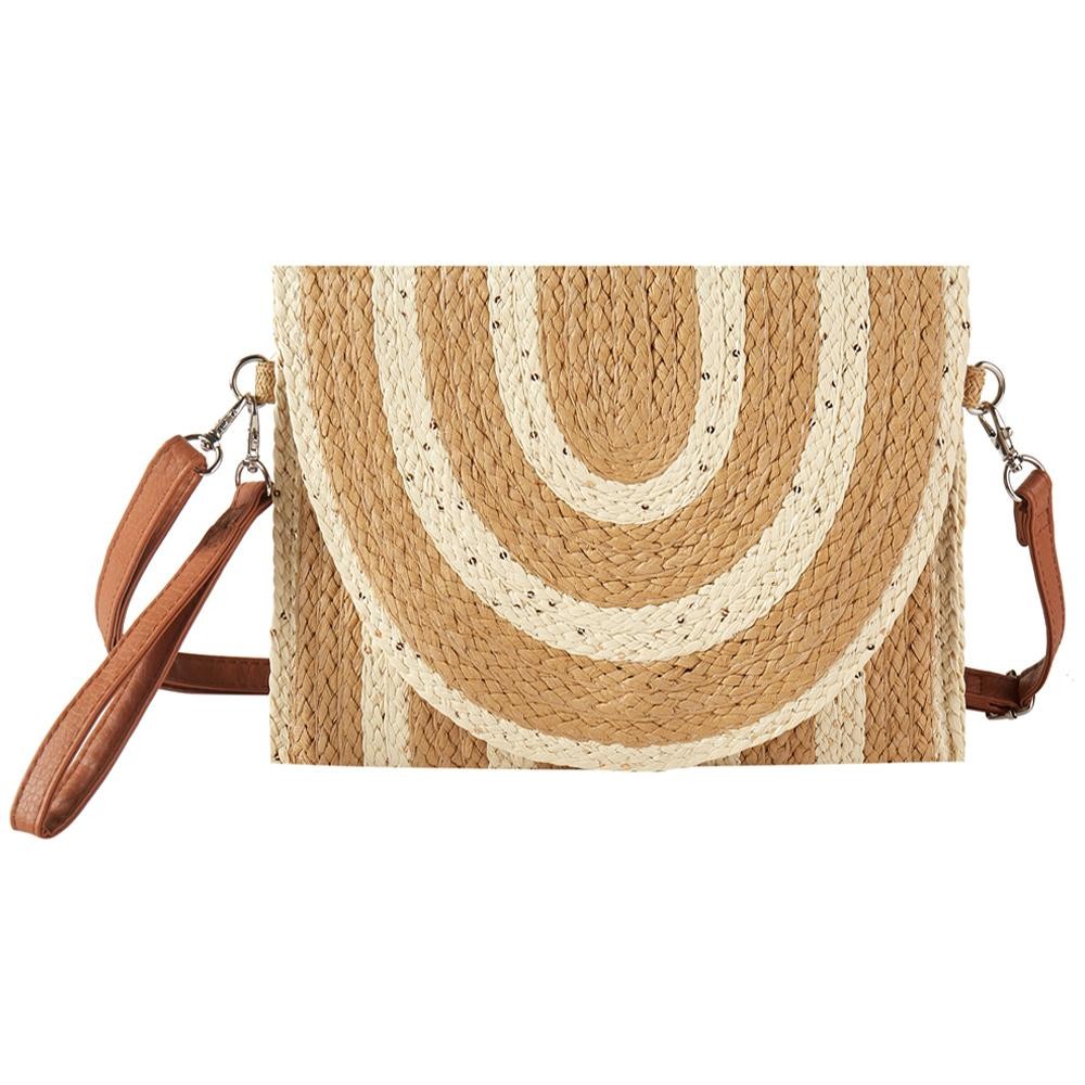 Two Tone Straw Clutch Cross Body Bag With Sequin Accents - Magnetic Closure - Removable Wristlet & Cross Body Straps - Body Approximately 11"W X 8.5" T - Strap Drop 14-26" L view 2