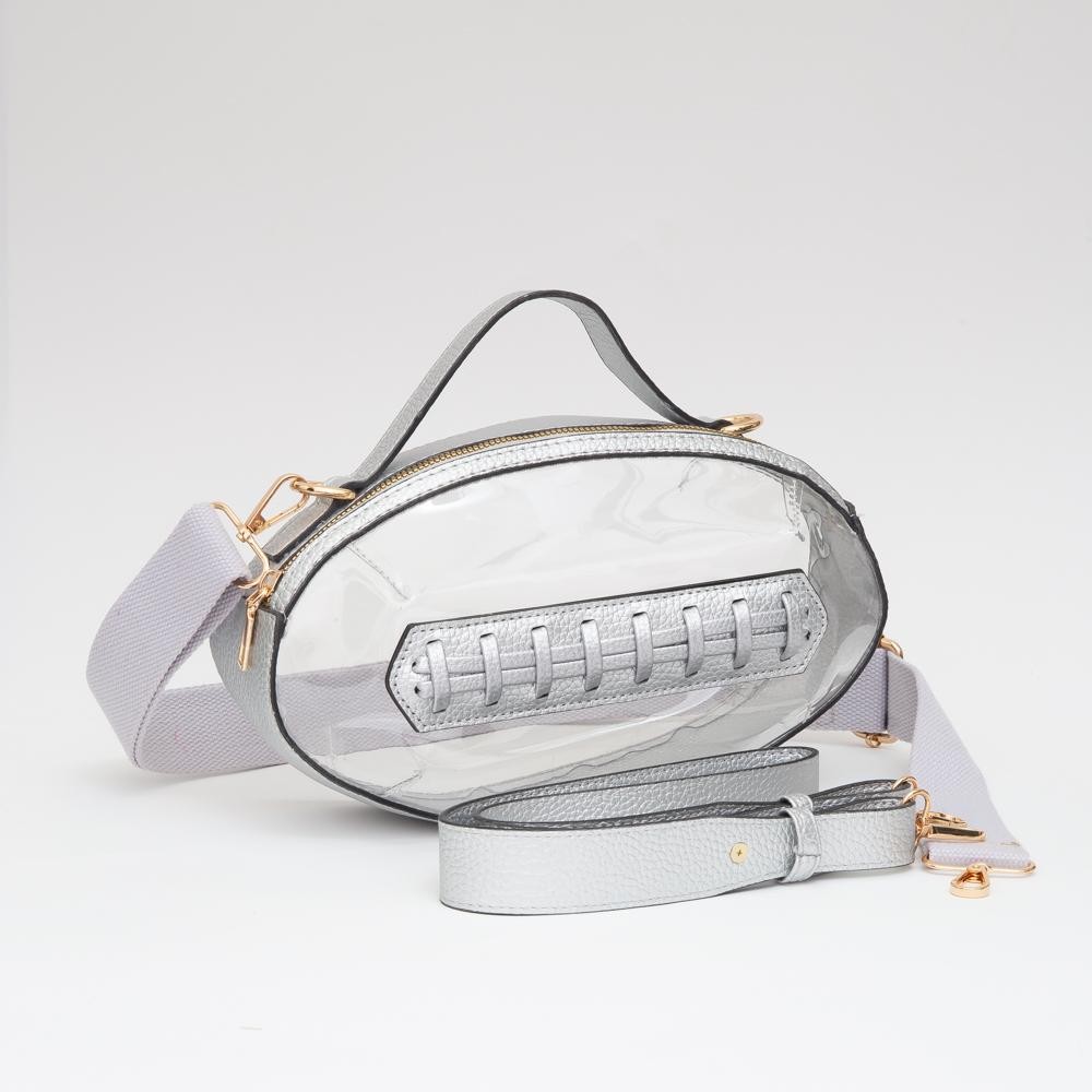 Clear Crossbody Football Bag With Vegan Leather Trim - Zip Closure - Two Removable Straps: Leather & Canvas - Approximately 6.5" T X 10.5" L X 2.5" W - Straps Adjustable: 30" L view 2
