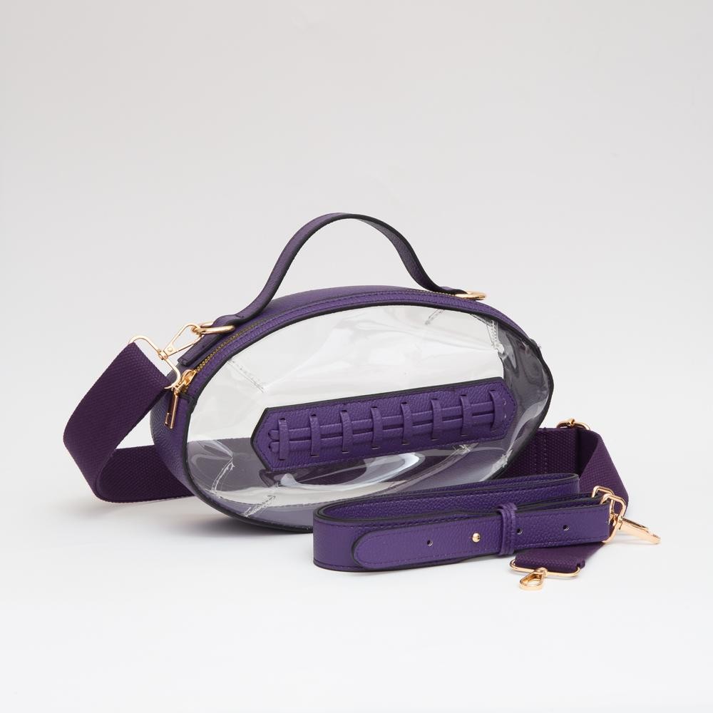 Clear Crossbody Football Bag With Vegan Leather Trim - Zip Closure - Two Removable Straps: Leather & Canvas - Approximately 6.5" T X 10.5" L X 2.5" W - Straps Adjustable: 30" L view 2