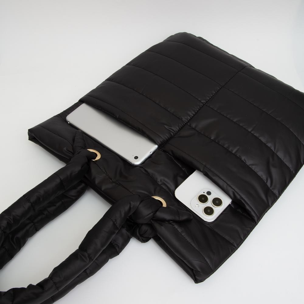 Puffer Tote Bag With Knotted Handles - Magnetic Closure - 2 Outer Pockets - Lined Body - 3 Internal Pockets- 1 Zip, 2 Open - Approximately 15" L x 16" T - Handles 8" L - 100% Polyester view 4