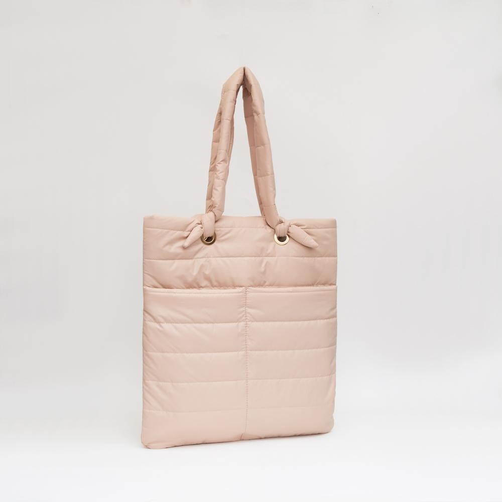 Puffer Tote Bag With Knotted Handles - Magnetic Closure - 2 Outer Pockets - Lined Body - 3 Internal Pockets- 1 Zip, 2 Open - Approximately 15" L x 16" T - Handles 8" L - 100% Polyester view 2