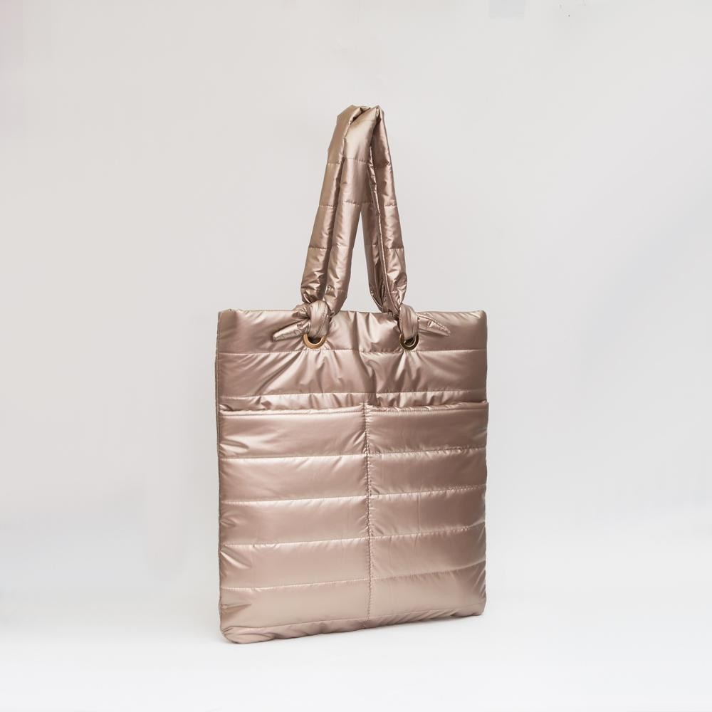 Puffer Tote Bag With Knotted Handles - Magnetic Closure - 2 Outer Pockets - Lined Body - 3 Internal Pockets- 1 Zip, 2 Open - Approximately 15" L x 16" T - Handles 8" L - 100% Polyester view 2