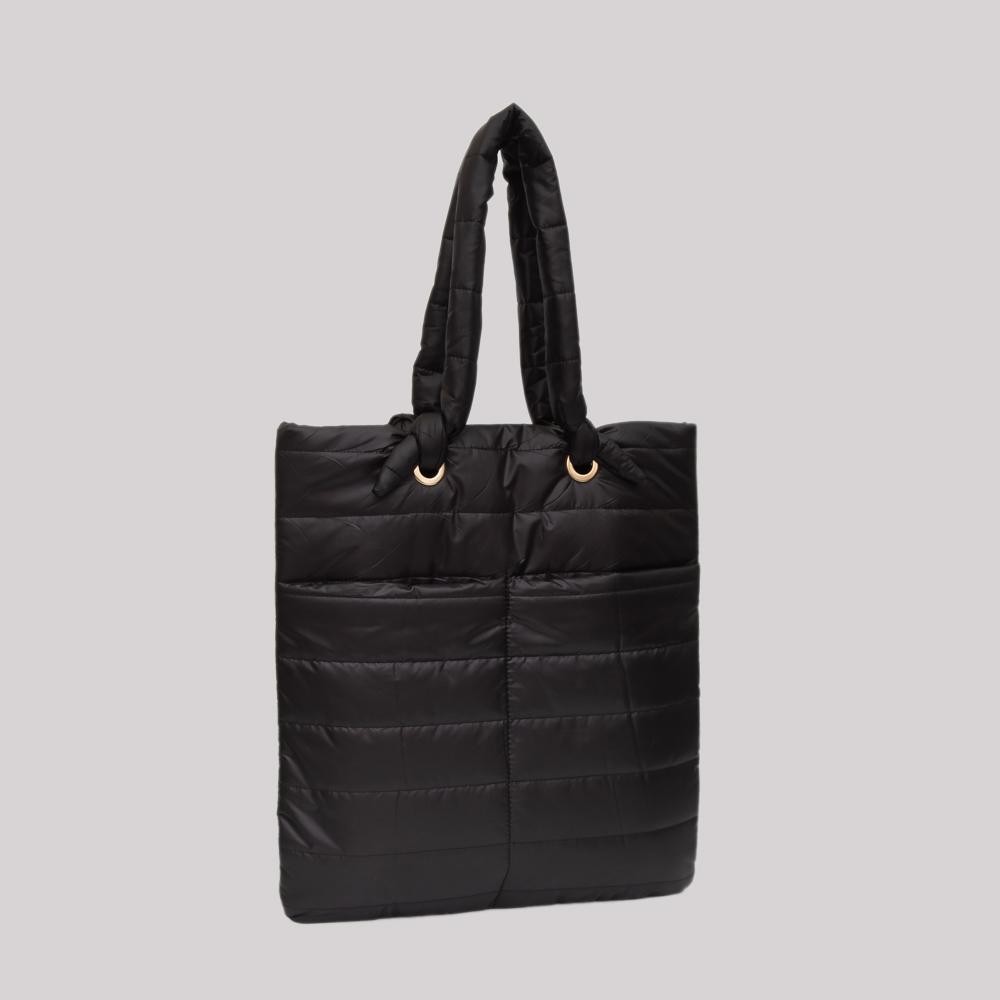 Puffer Tote Bag With Knotted Handles - Magnetic Closure - 2 Outer Pockets - Lined Body - 3 Internal Pockets- 1 Zip, 2 Open - Approximately 15" L x 16" T - Handles 8" L - 100% Polyester view 2