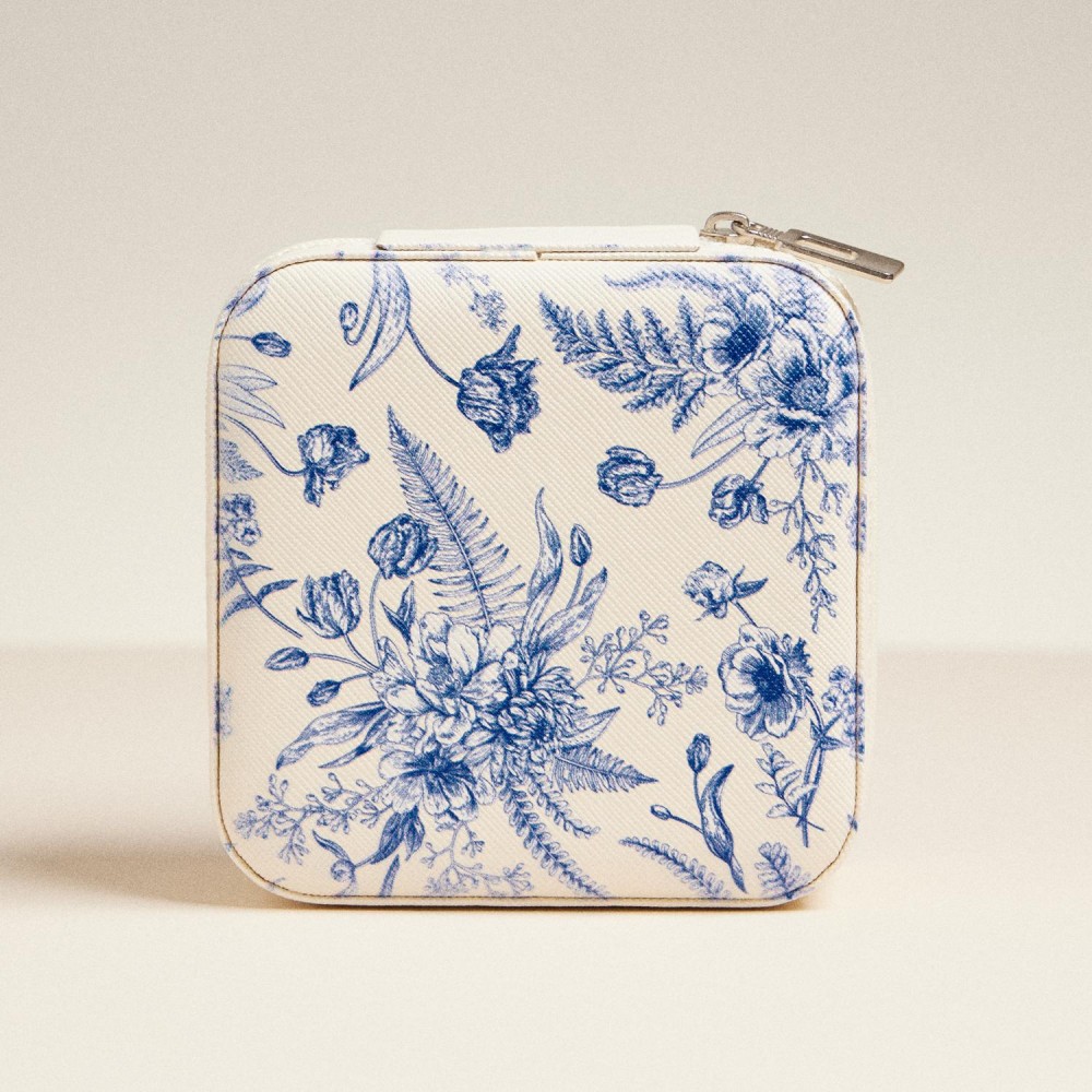 Floral Print Vegan Leather Travel Jewelry Box - Full Zipper Closure - Mirror & Earring Holder Divider - Removable Divider Organizer - 6 Ring Slots & 3 Necklace Hooks - Approximately 3.5" L X 3.75" T X 2" D view 2