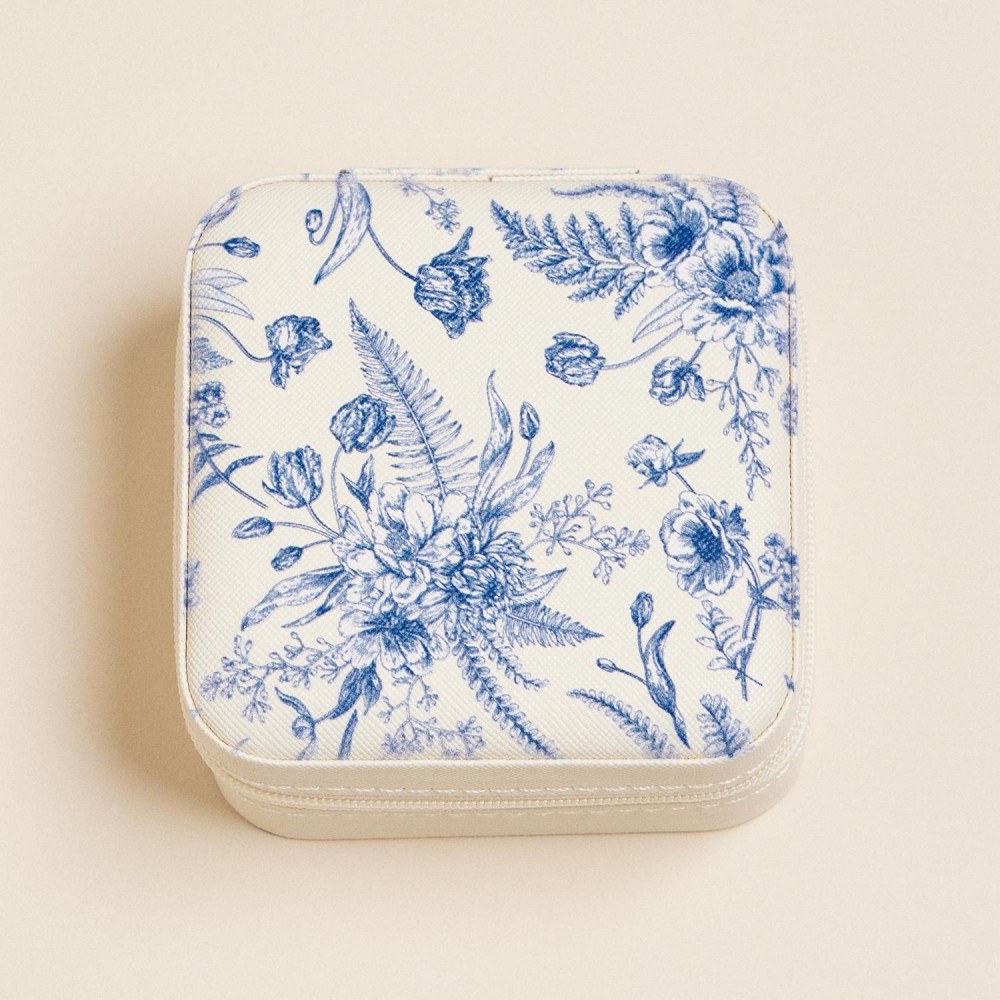 Floral Print Vegan Leather Travel Jewelry Box - Full Zipper Closure - Mirror & Earring Holder Divider - Removable Divider Organizer - 6 Ring Slots & 3 Necklace Hooks - Approximately 3.5" L X 3.75" T X 2" D view 4
