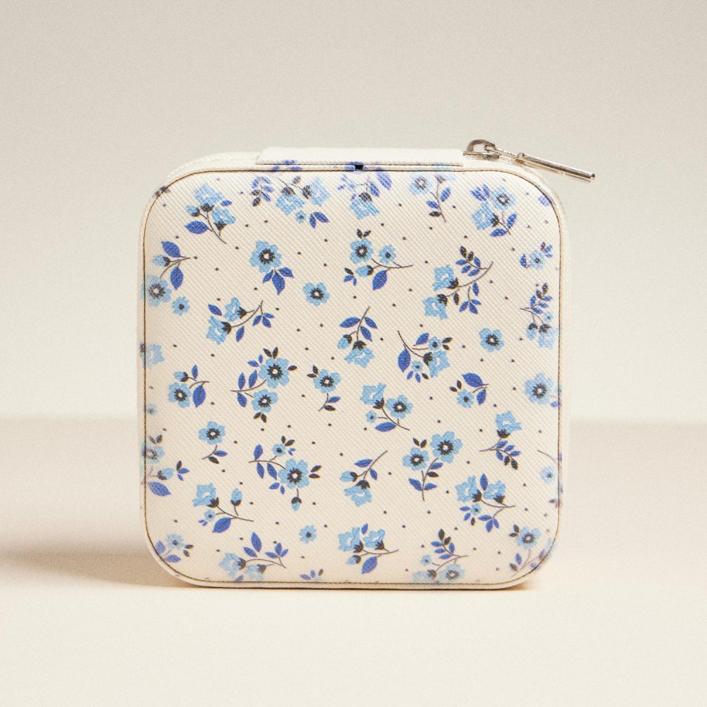 Floral Print Vegan Leather Travel Jewelry Box - Full Zipper Closure - Mirror & Earring Holder Divider - Removable Divider Organizer - 6 Ring Slots & 3 Necklace Hooks - Approximately 3.5" L X 3.75" T X 2" D view 2