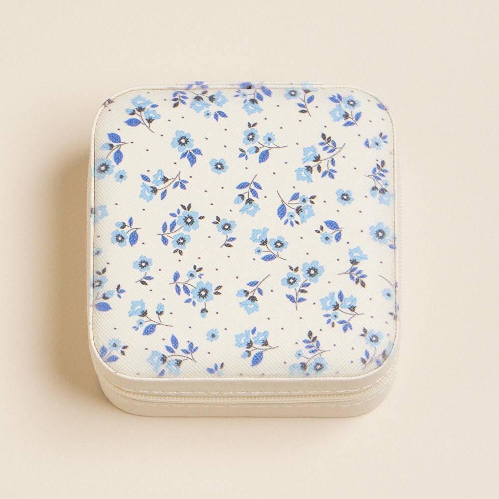 Floral Print Vegan Leather Travel Jewelry Box - Full Zipper Closure - Mirror & Earring Holder Divider - Removable Divider Organizer - 6 Ring Slots & 3 Necklace Hooks - Approximately 3.5" L X 3.75" T X 2" D view 4