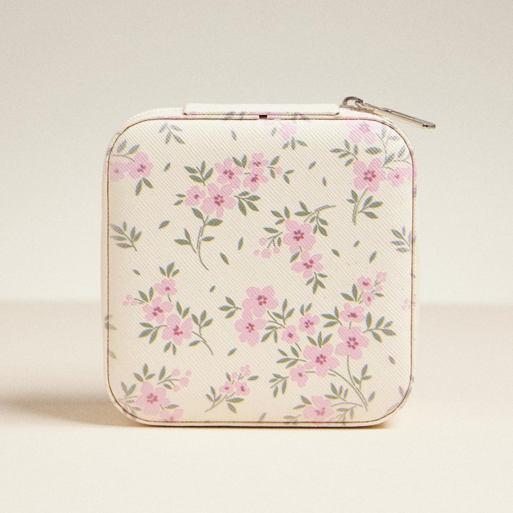 Floral Print Vegan Leather Travel Jewelry Box - Full Zipper Closure - Mirror & Earring Holder Divider - Removable Divider Organizer - 6 Ring Slots & 3 Necklace Hooks - Approximately 3.5" L X 3.75" T X 2" D view 2