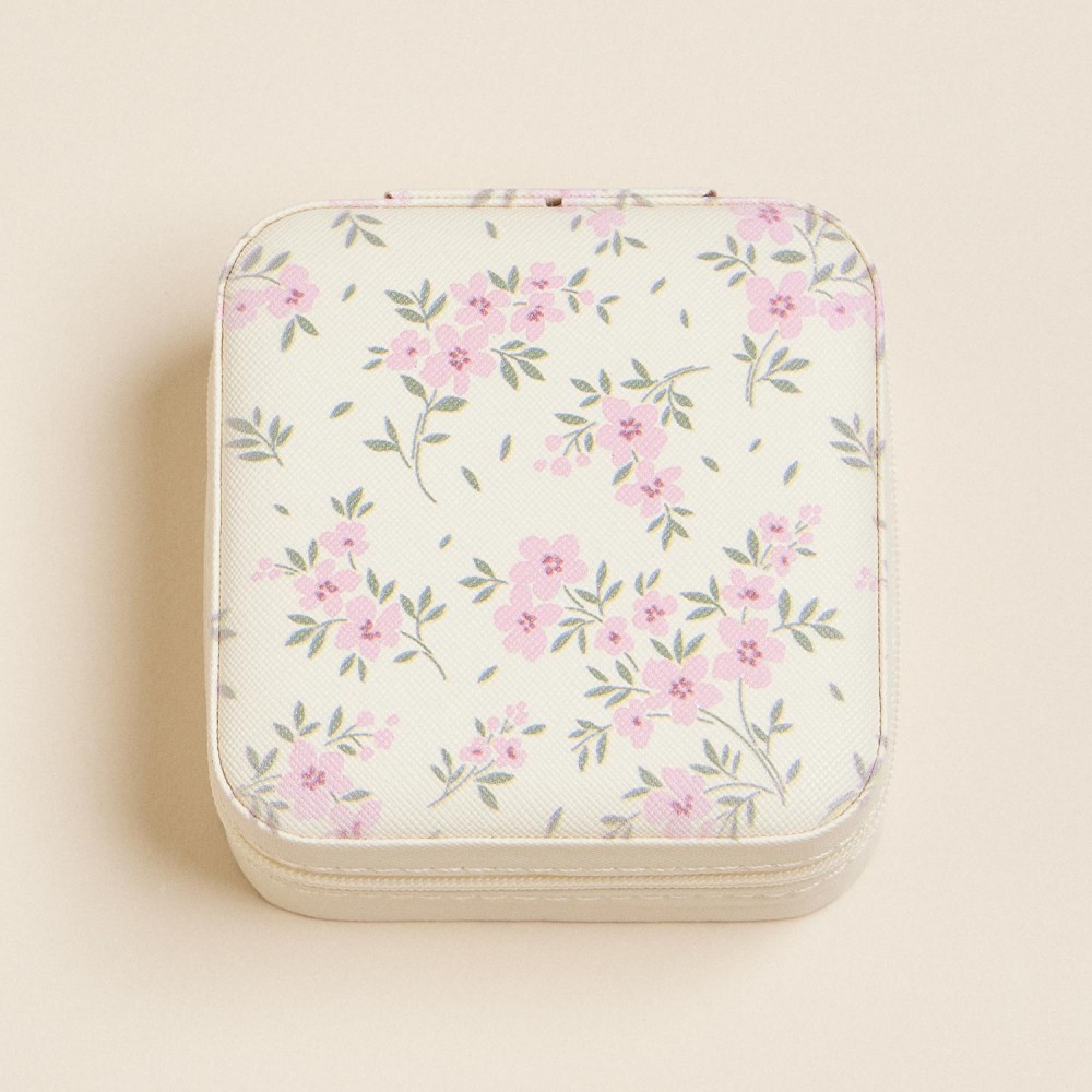 Floral Print Vegan Leather Travel Jewelry Box - Full Zipper Closure - Mirror & Earring Holder Divider - Removable Divider Organizer - 6 Ring Slots & 3 Necklace Hooks - Approximately 3.5" L X 3.75" T X 2" D view 4
