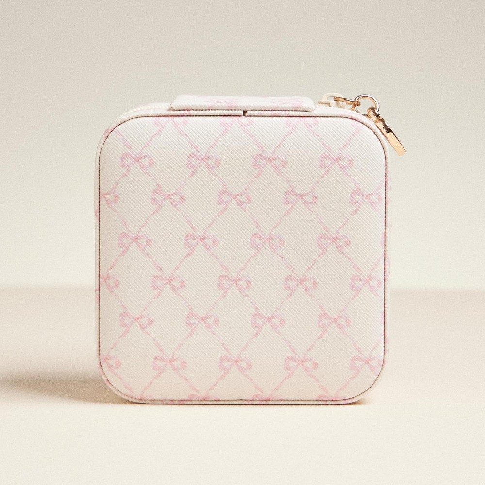 Stripes & Bows Print Vegan Leather Travel Jewelry Box - Full Zipper Closure - Mirror & Earring Holder Divider - Removable Divider Organizer - 6 Ring Slots & 3 Necklace Hooks - Approximately 3.5" L X 3.75" T X 2" D view 2