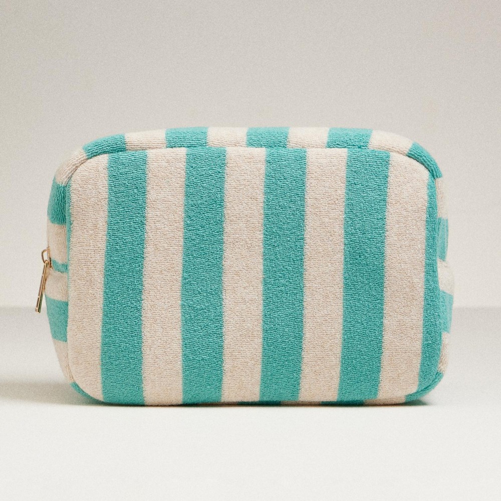 Stripe Terry Cloth Travel Pouch - Full Zip Closure - Approximately 8.5" L X 5" T X 3" D - 80% Cotton 20% Polyester view 2