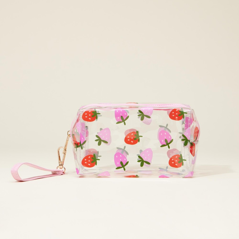 Clear Fruit Print Travel Pouch - Full Zipper Closure - Removeable Wristlet Strap - Approximately 7" L X 4" T X 3.5" D view 2
