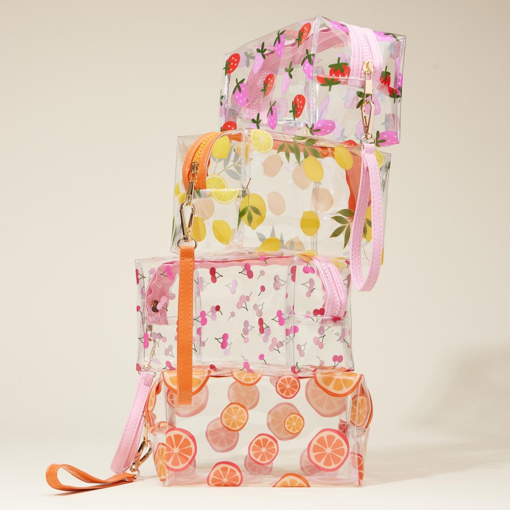 Clear Fruit Print Travel Pouch - Full Zipper Closure - Removeable Wristlet Strap - Approximately 7" L X 4" T X 3.5" D view 4
