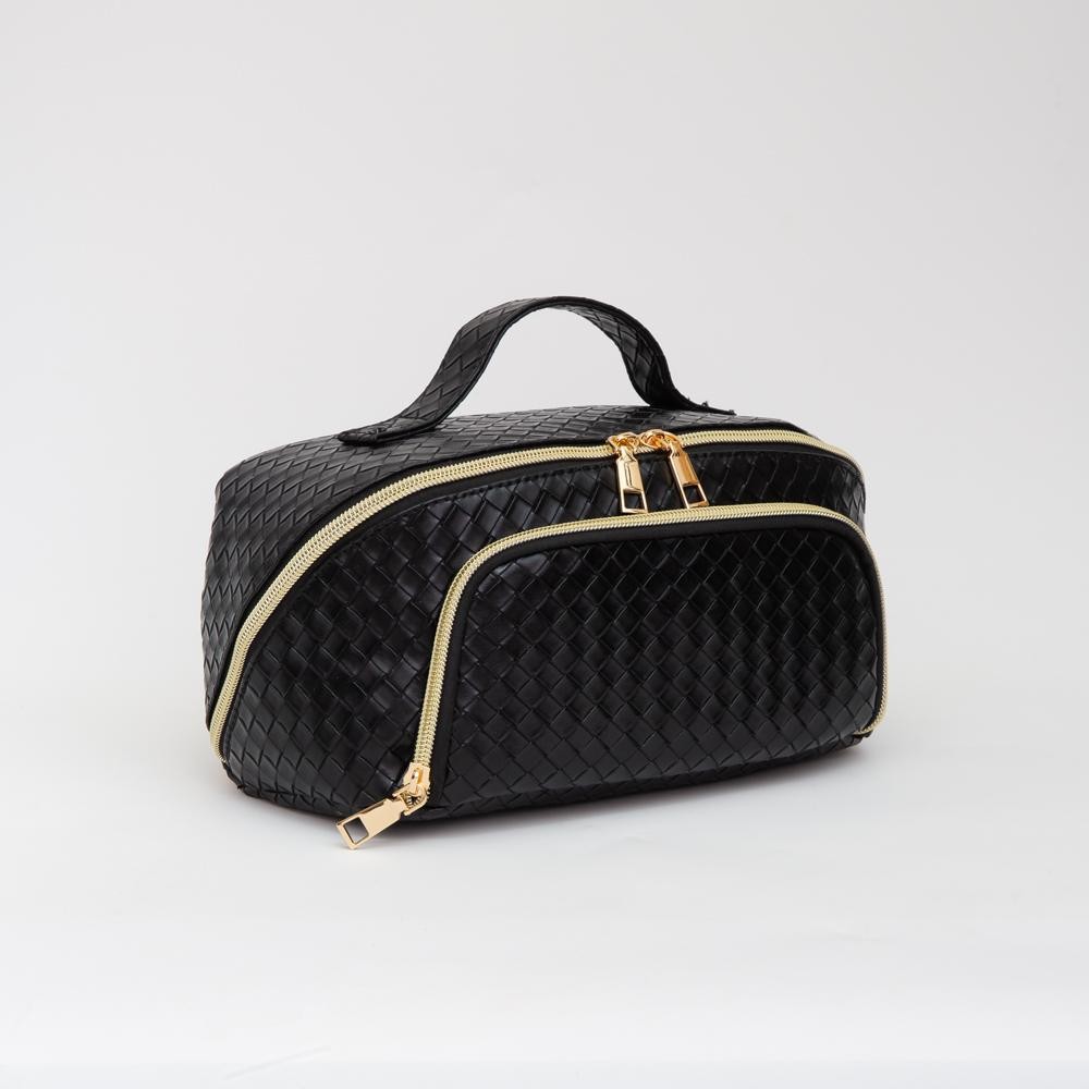 Woven Vegan Leather Travel Makeup Bag - Full Zipper Closure - 1 Outer Zip Pocket - 3 Internal Pockets & 1 Zip Brush Pocket - Velcro Divider - Approximately 9.5” L X 5” T X 5” D view 2