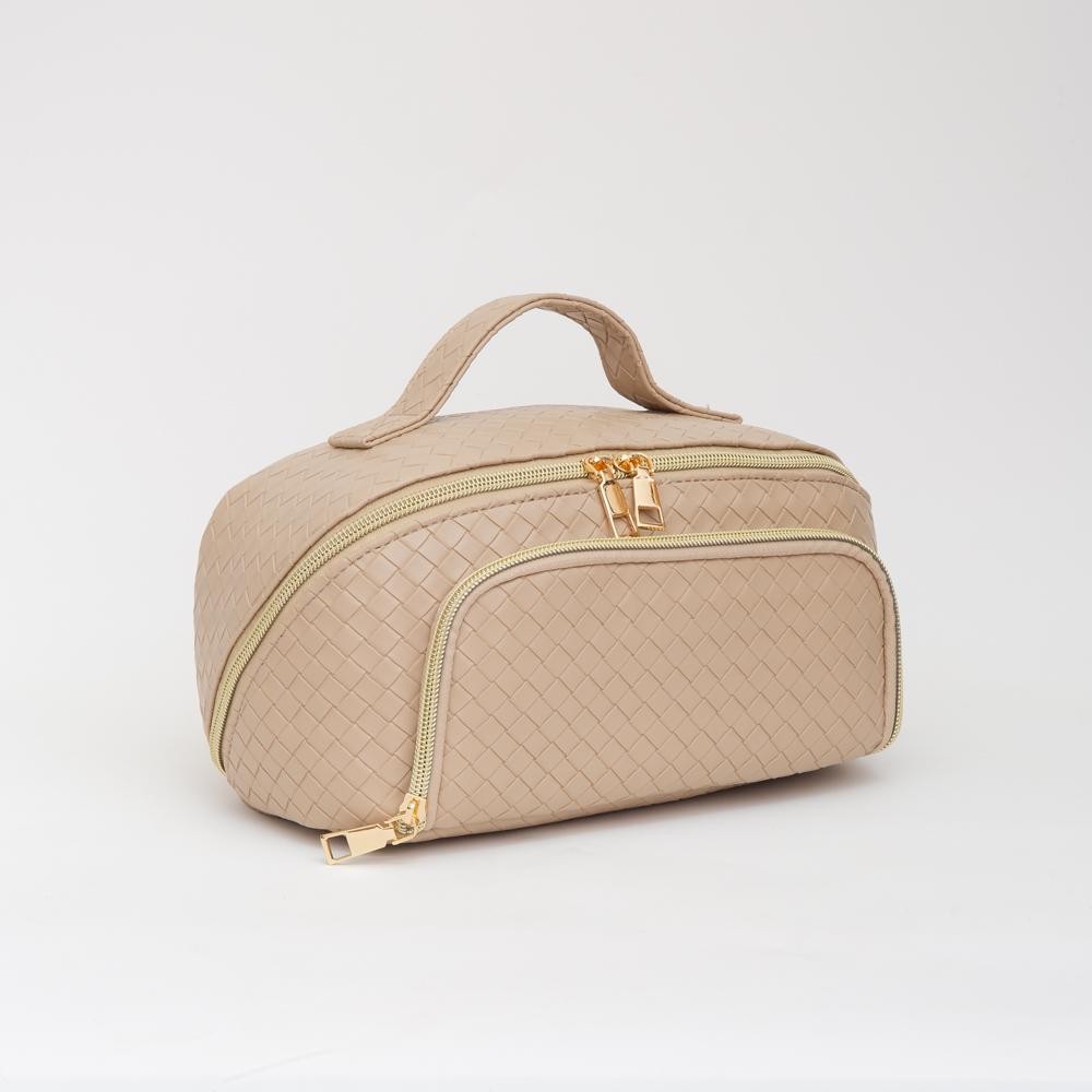 Woven Vegan Leather Travel Makeup Bag - Full Zipper Closure - 1 Outer Zip Pocket - 3 Internal Pockets & 1 Zip Brush Pocket - Velcro Divider - Approximately 9.5” L X 5” T X 5” D view 2