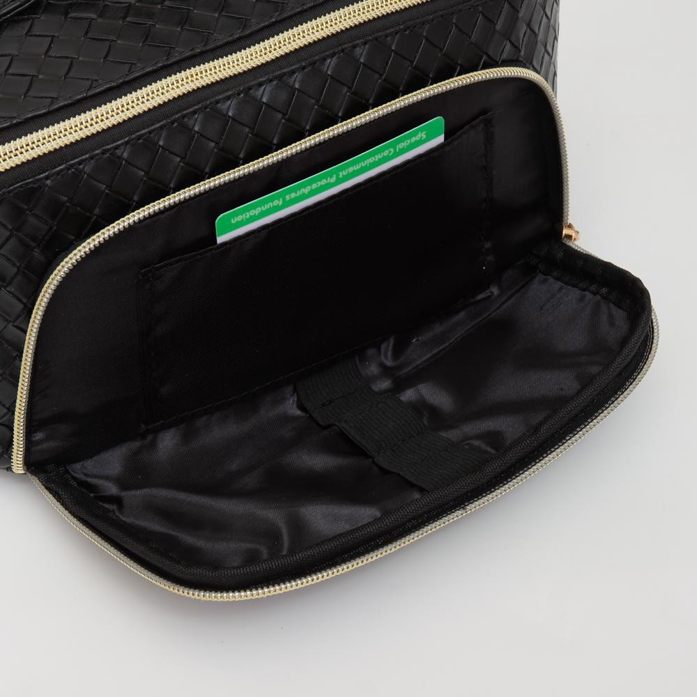 Woven Vegan Leather Travel Makeup Bag - Full Zipper Closure - 1 Outer Zip Pocket - 3 Internal Pockets & 1 Zip Brush Pocket - Velcro Divider - Approximately 9.5” L X 5” T X 5” D view 6