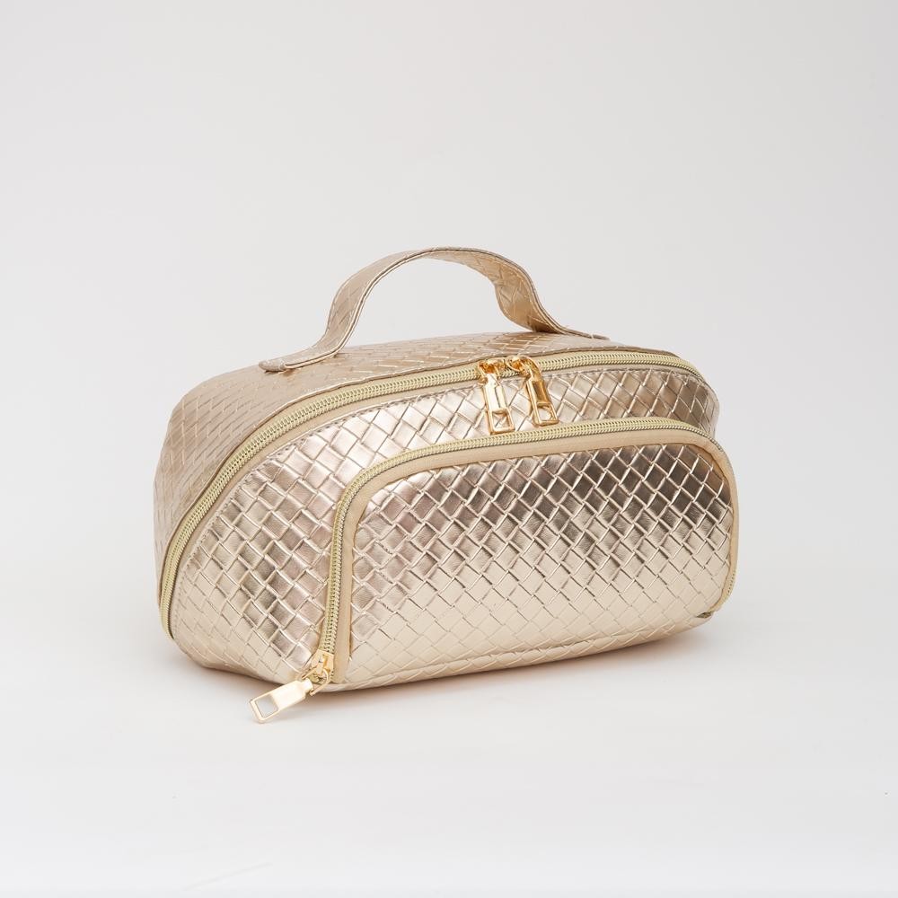 Woven Vegan Leather Travel Makeup Bag - Full Zipper Closure - 1 Outer Zip Pocket - 3 Internal Pockets & 1 Zip Brush Pocket - Velcro Divider - Approximately 9.5” L X 5” T X 5” D view 2