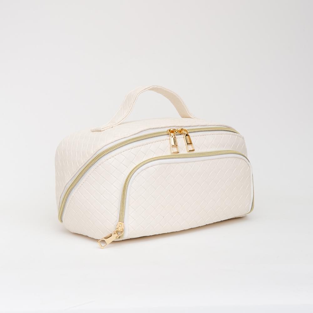 Woven Vegan Leather Travel Makeup Bag - Full Zipper Closure - 1 Outer Zip Pocket - 3 Internal Pockets & 1 Zip Brush Pocket - Velcro Divider - Approximately 9.5” L X 5” T X 5” D view 2