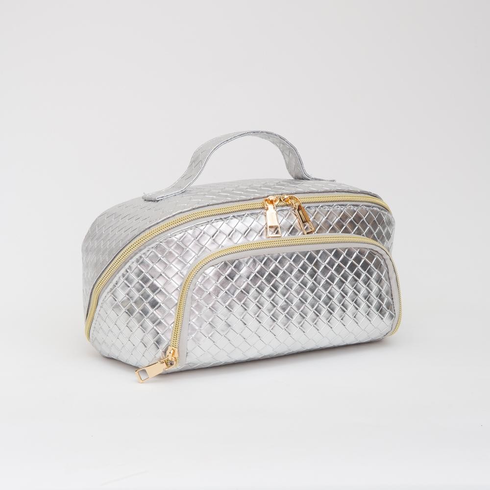 Woven Vegan Leather Travel Makeup Bag - Full Zipper Closure - 1 Outer Zip Pocket - 3 Internal Pockets & 1 Zip Brush Pocket - Velcro Divider - Approximately 9.5” L X 5” T X 5” D view 2