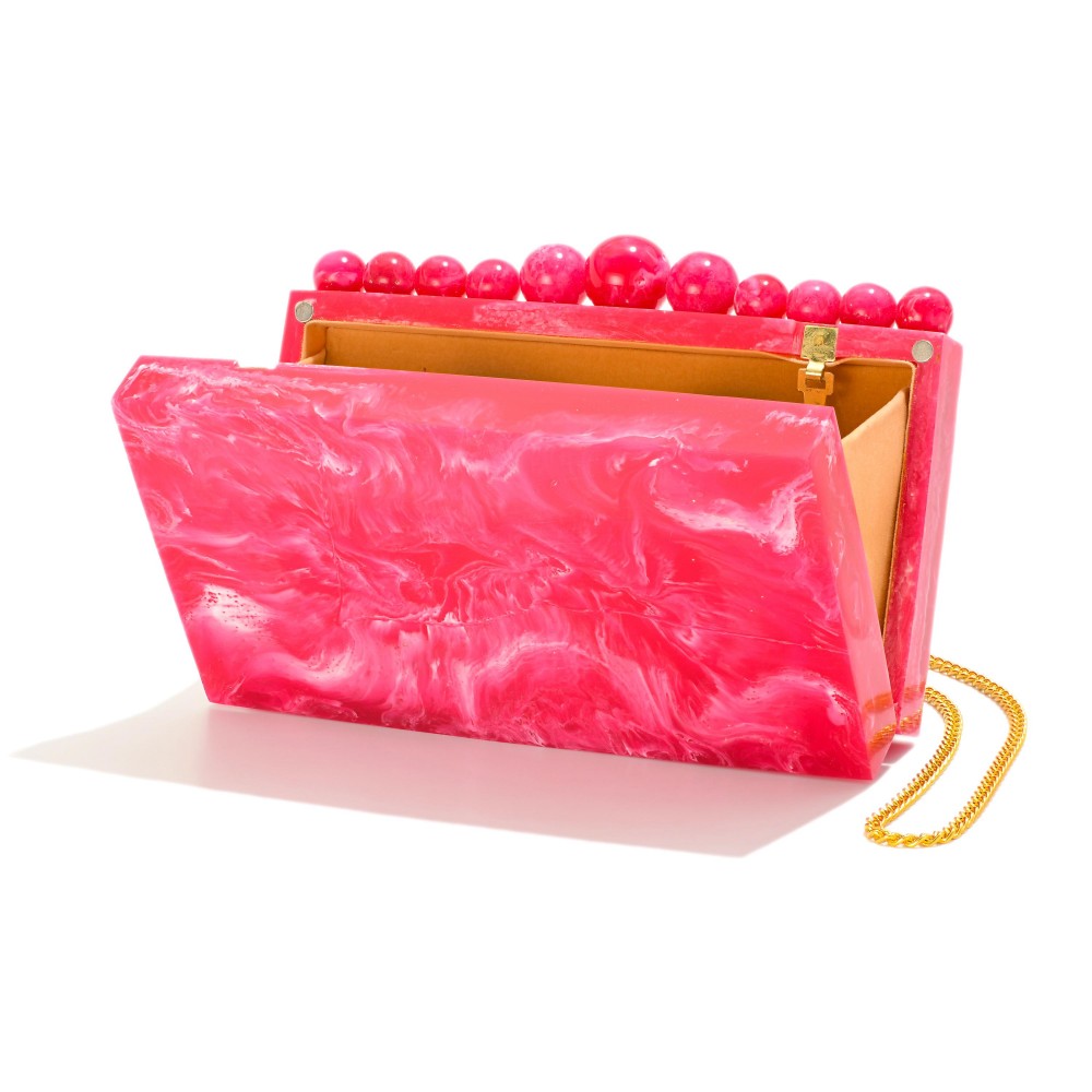 Marble Acetate Clutch With Ball Accents - Magnetic Closure - Velvet Lining - 1 Open Pocket - Removable Crossbody Chain Strap - Made In India - Approximately 7.75" L X 4.75" T X 2.75" D view 2