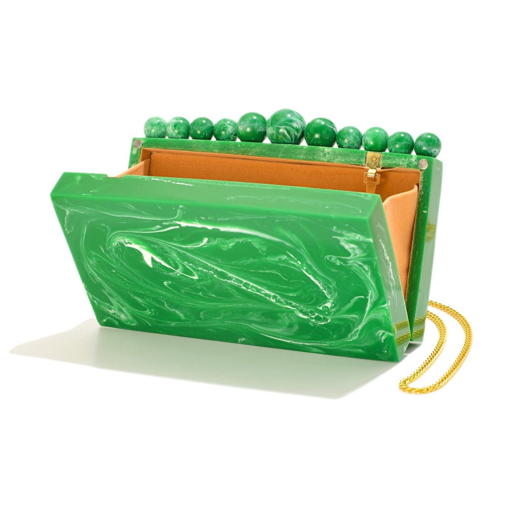 Marble Acetate Clutch With Ball Accents - Magnetic Closure - Velvet Lining - 1 Open Pocket - Removable Crossbody Chain Strap - Made In India - Approximately 7.75" L X 4.75" T X 2.75" D view 2