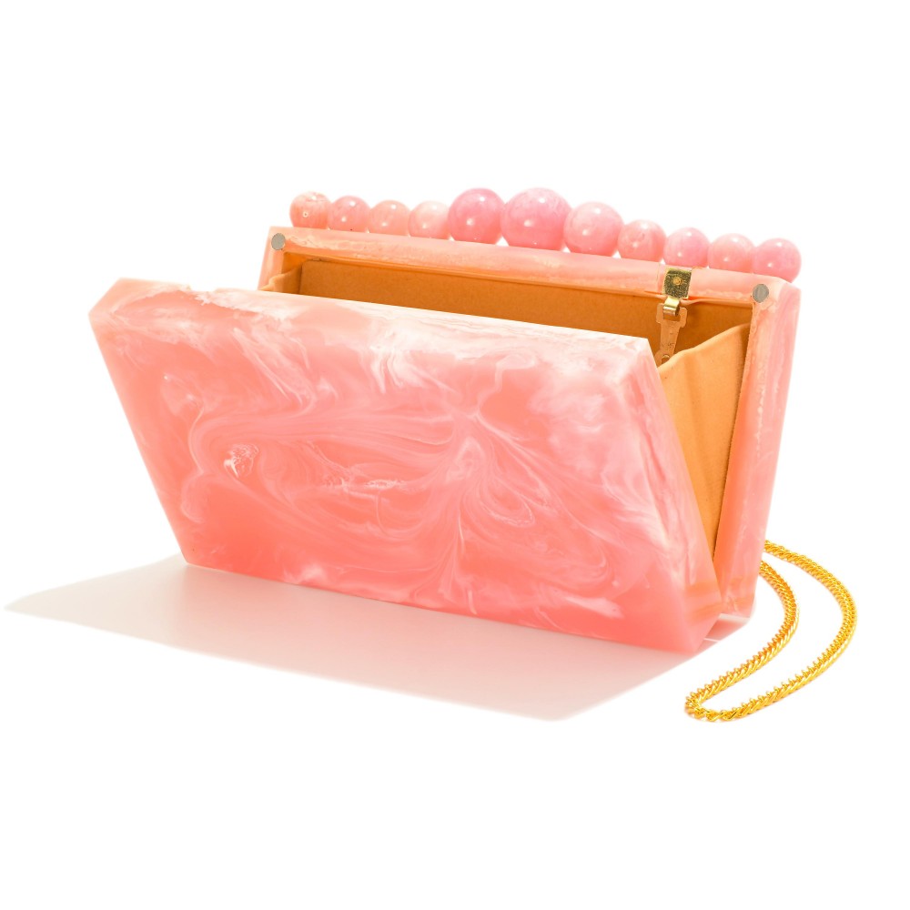 Marble Acetate Clutch With Ball Accents - Magnetic Closure - Velvet Lining - 1 Open Pocket - Removable Crossbody Chain Strap - Made In India - Approximately 7.75" L X 4.75" T X 2.75" D view 2