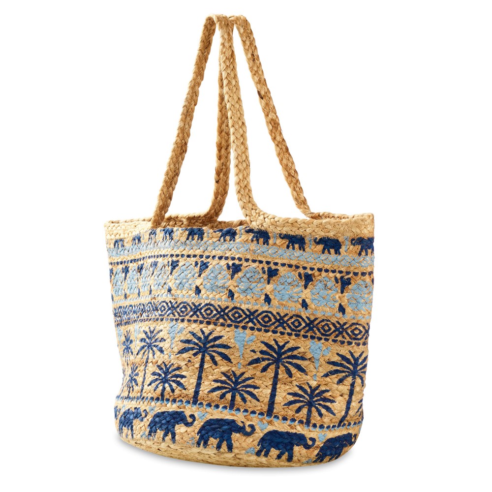 Woven Jute Tote Bag With Painted Elephant & Palm Tree Details - Made In India - Strap Drop 11" L - Approximately 18" L X 12" T X 13" D view 2