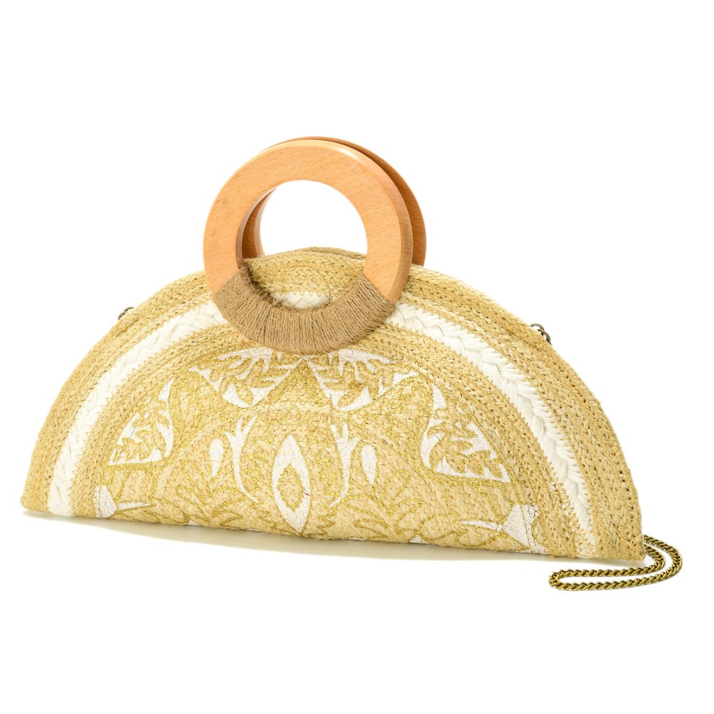Half Circle Woven Jute Cross Body Clutch Bag With Painted Floral Details & Wooden Circle Handles - Made In India - Snap Closure - Handle Drop 1" L - Removeable Chain Strap 22" L - Approximately 15.5" L X 8" T X 13" D view 2
