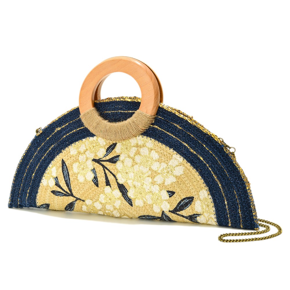 Half Circle Woven Jute Cross Body Clutch Bag With Painted Flower Details & Wooden Circle Handles - Made In India - Snap Closure - Handle Drop 1" L - Removeable Chain Strap 22" L - Approximately 15.5" L X 8" T X 13" D view 2
