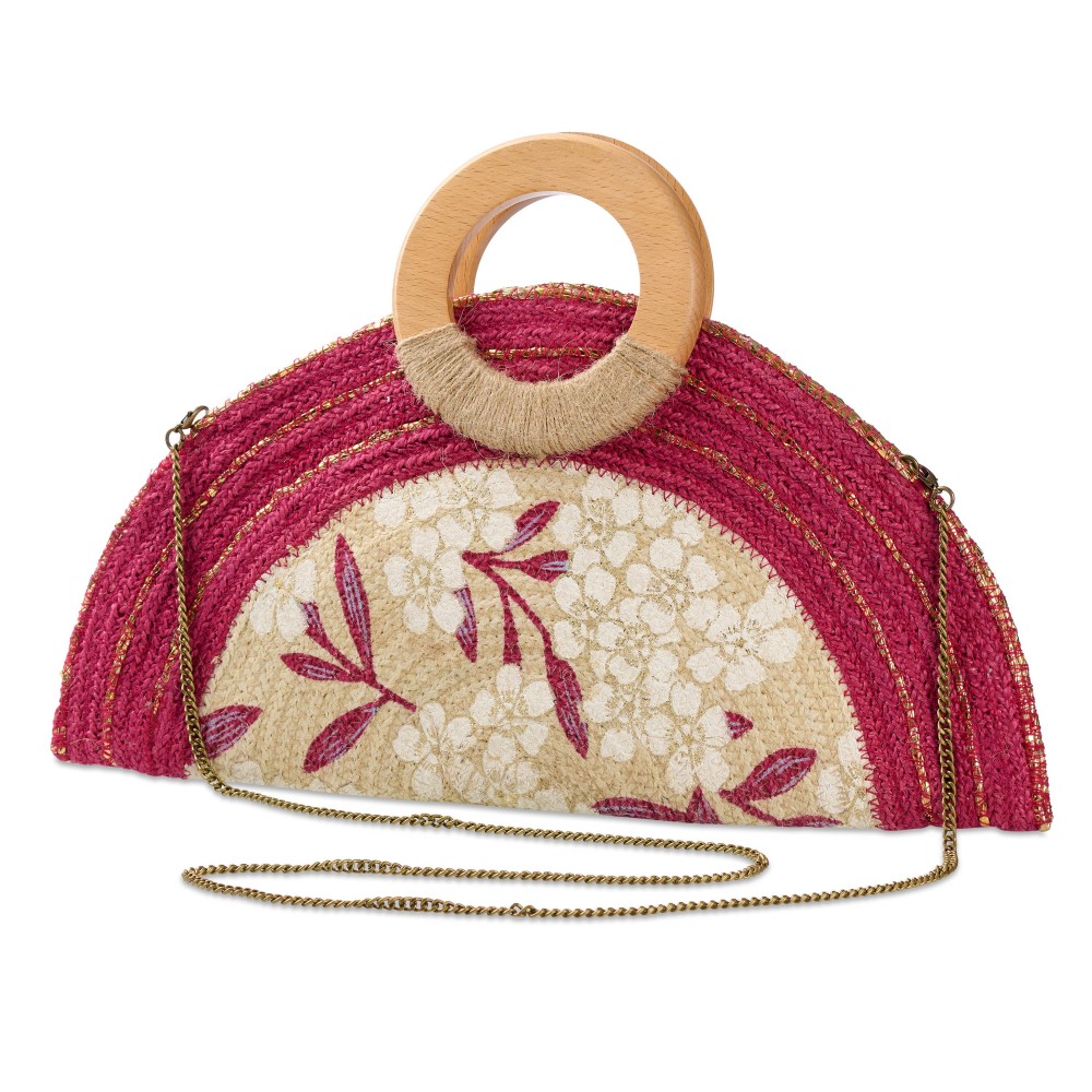 Half Circle Woven Jute Cross Body Clutch Bag With Painted Flower Details & Wooden Circle Handles - Made In India - Snap Closure - Handle Drop 1" L - Removeable Chain Strap 22" L - Approximately 15.5" L X 8" T X 13" D view 2
