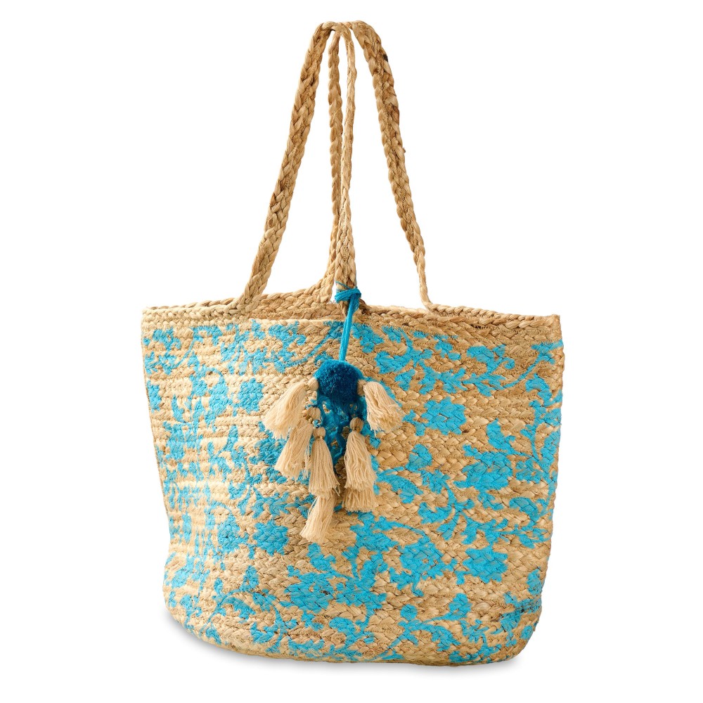 Woven Jute Tote Bag With Painted Floral Detail & Tassel Accent - Made In India - Strap Drop 8" L - Approximately 20" L X 11.5" T X 11" D view 2