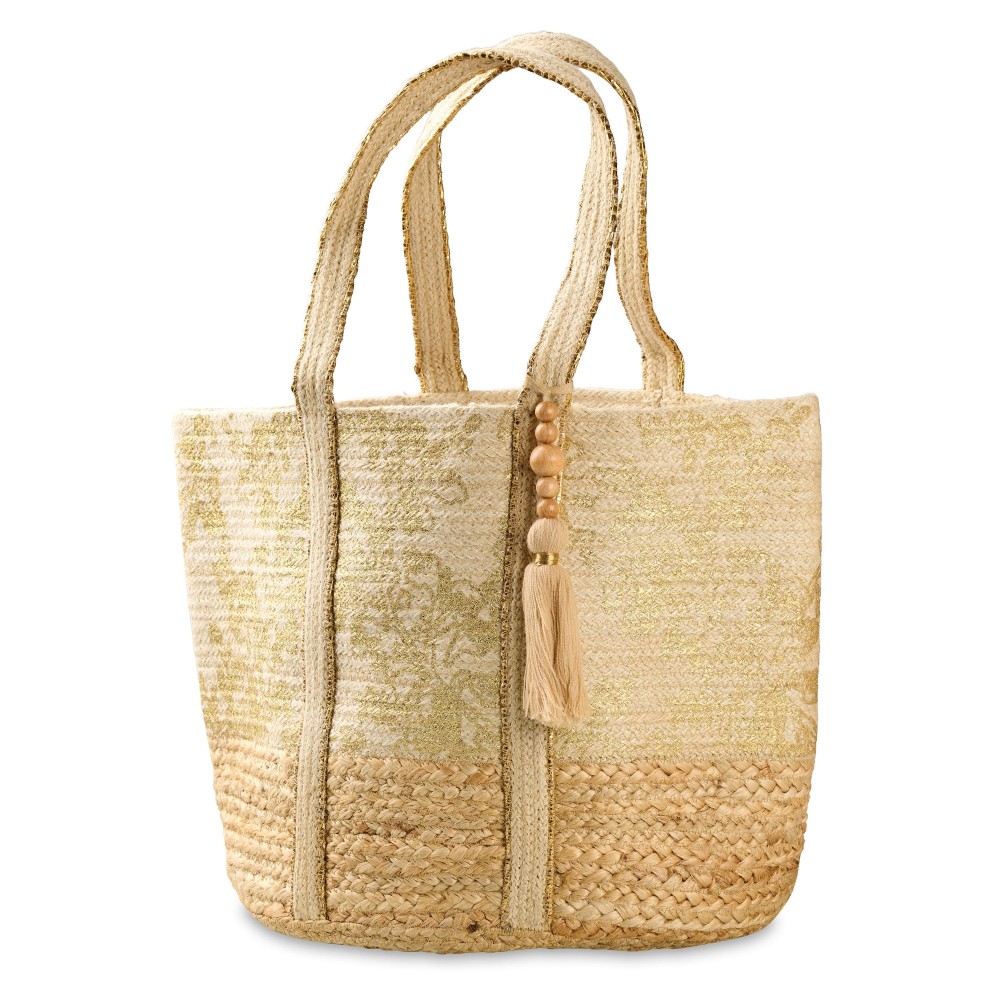 Woven Jute Tote Bag With Painted Metallic Floral Detail & Wood Beaded Tassel - Made In India - Strap Drop 8" L - Approximately 19" L X 12.5" T X 13" D view 2