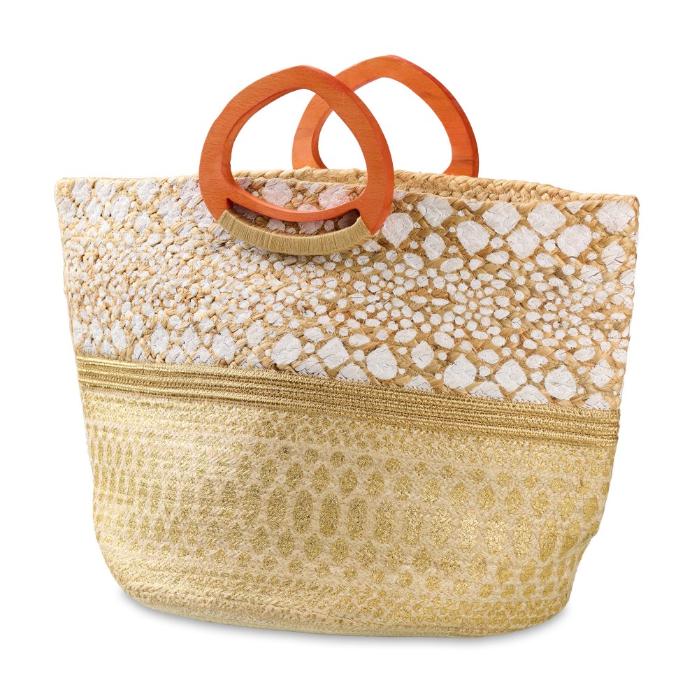 Woven Jute Tote Bag With Painted Metallic & White Oval Details Featuring Wooden Teardrop Handles - Made In India - Handle Drop 2.5" L - Approximately 19" L X 12" T X 13" D view 2