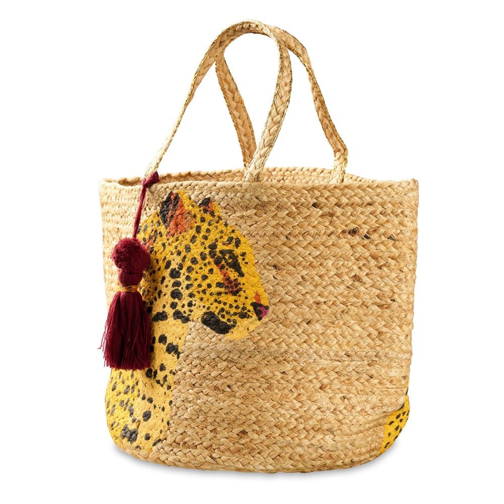 Woven Jute Tote Bag With Painted Leopard & Tassel Detail - Made In India - Strap Drop 8" L - Approximately 20" L X 12" T X 13" D view 2