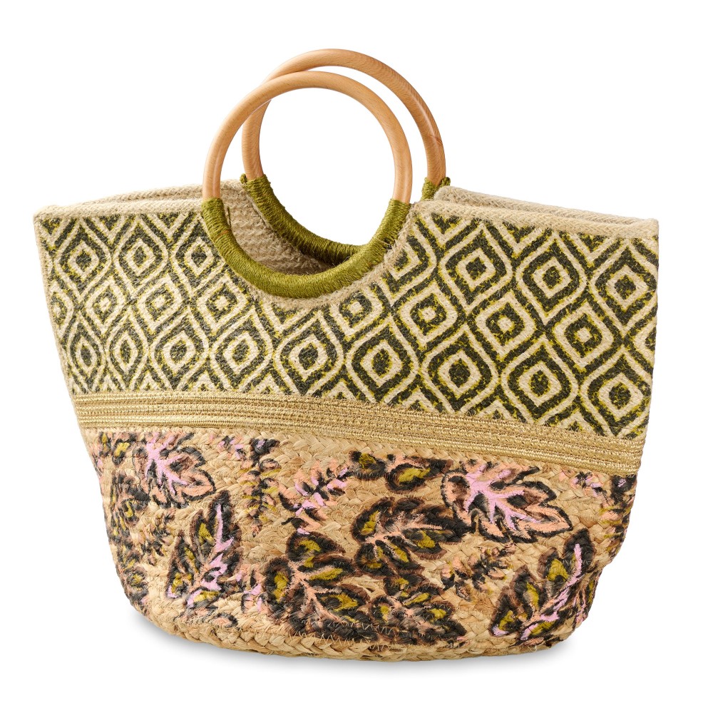 Woven Jute Tote Bag With Painted Floral & Geometric Pattern Featuring Wooden Rounded Handles - Made In India - Handle Drop 4.5" L - Approximately 19" L X 12" T X 13" D view 2