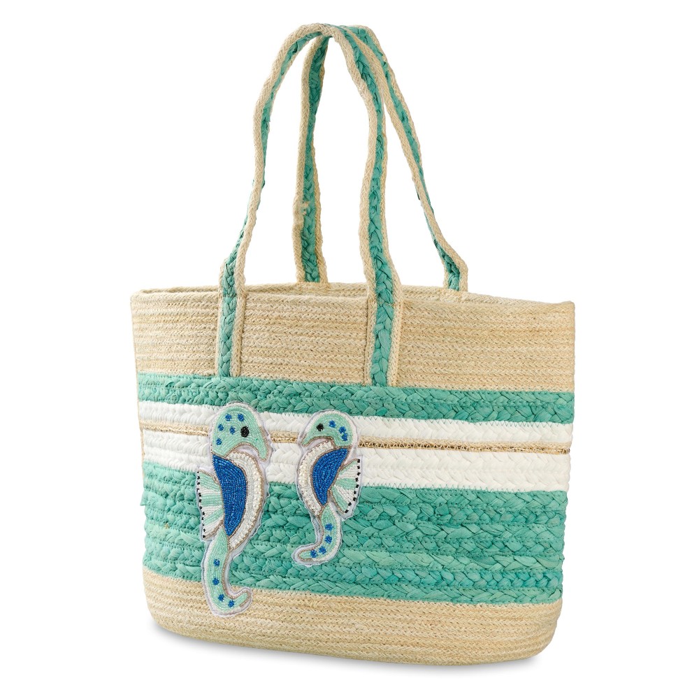 Woven Jute Tote Bag With Seed Beaded Seahorses Detail - Made In India - Handle Drop 10" L - Approximately 20" L X 13" T X 8" D view 2