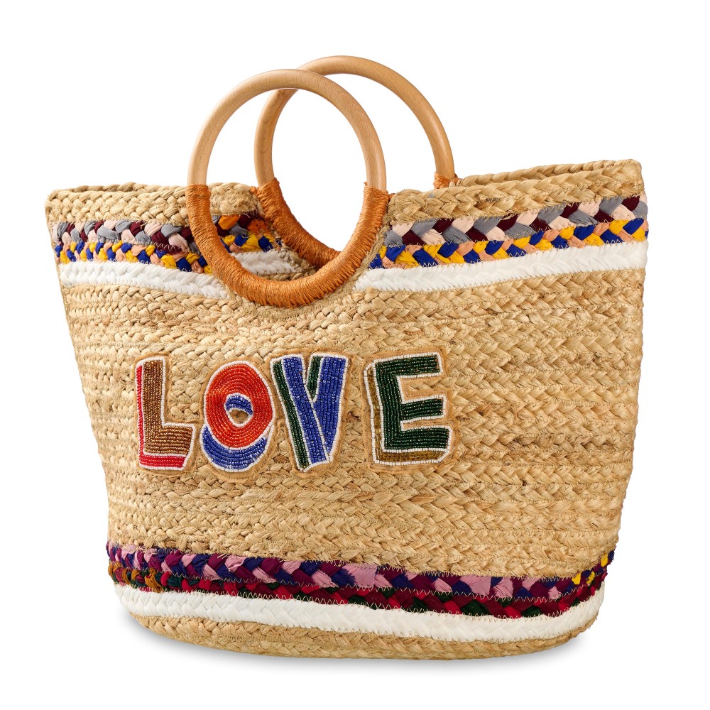 Woven Jute Tote Bag With Seed Bead "LOVE" & Multi Color Braided Tulle Details Featuring Rounded Wooden Handles - Made In India - Handle Drop 4.5" L - Approximately 19" L X 12" T X 11" D view 2