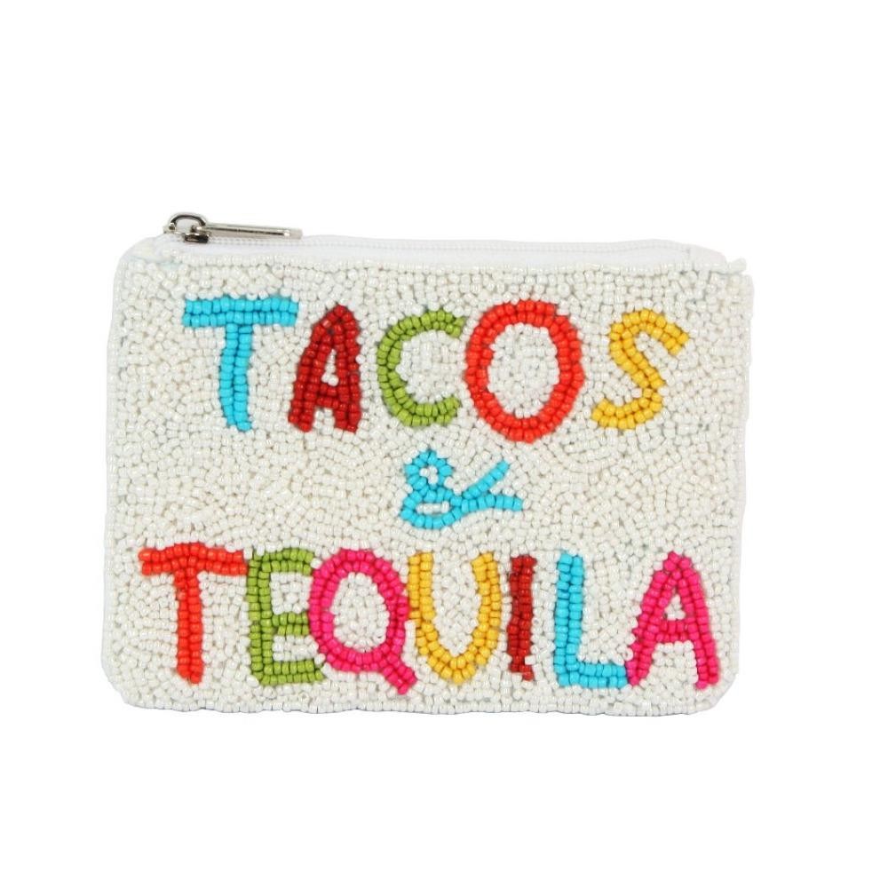"TACOS & TEQUILA" Seed Beaded Canvas Bag - Fully Lined Inside - 100% Cotton Bag - Approximately 5" L X 4" T view 2