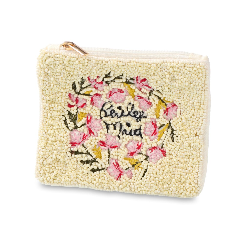 "Bridesmaid" & Embroidered Flowers Seed Beaded Canvas Bag - Fully Lined Inside - 100% Cotton Bag - Approximately 5" L X 4" T view 2