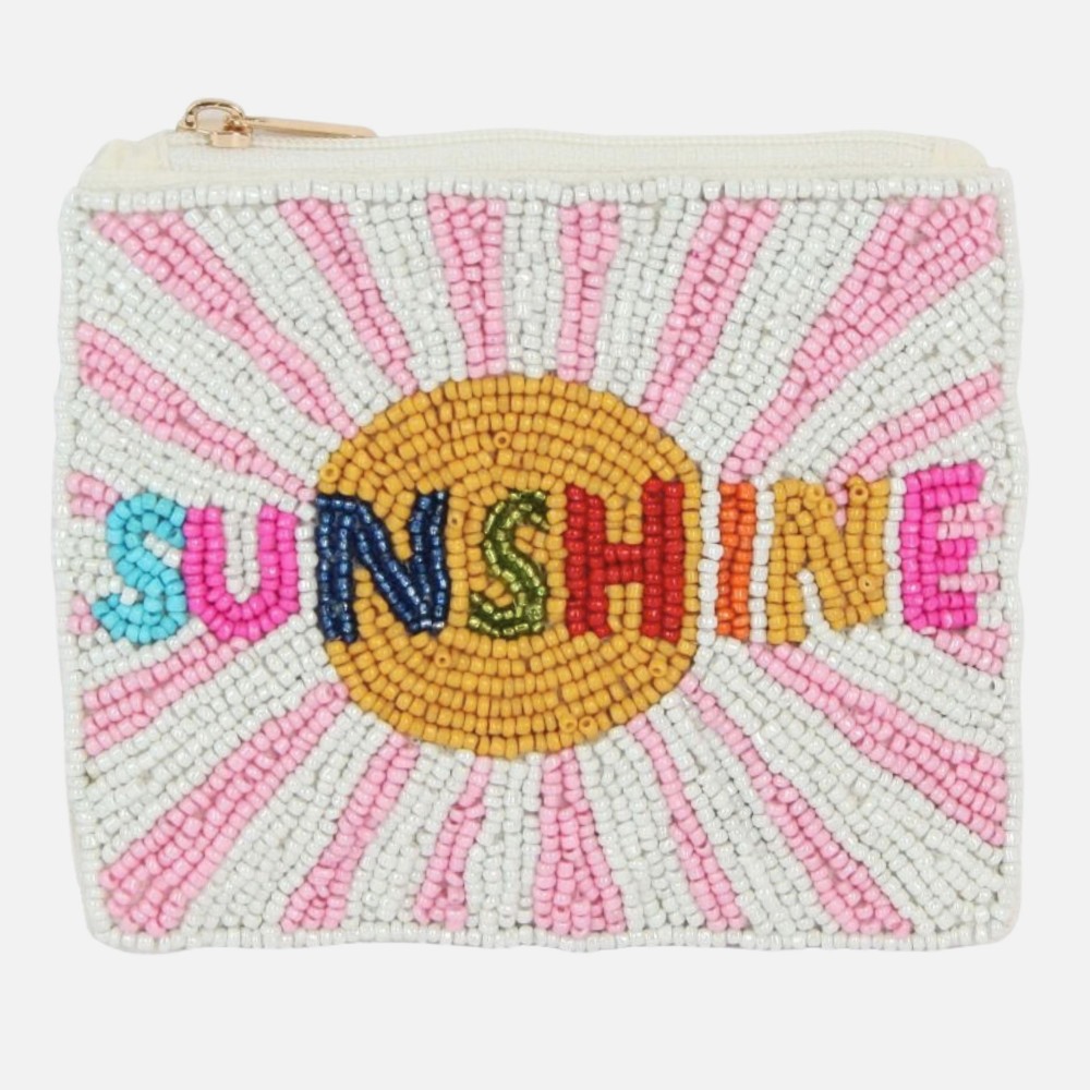 "SUNSHINE" Seed Beaded Canvas Pouch - Fully Lined Inside - 100% Cotton Bag - Approximately 5" L X 4" T view 2