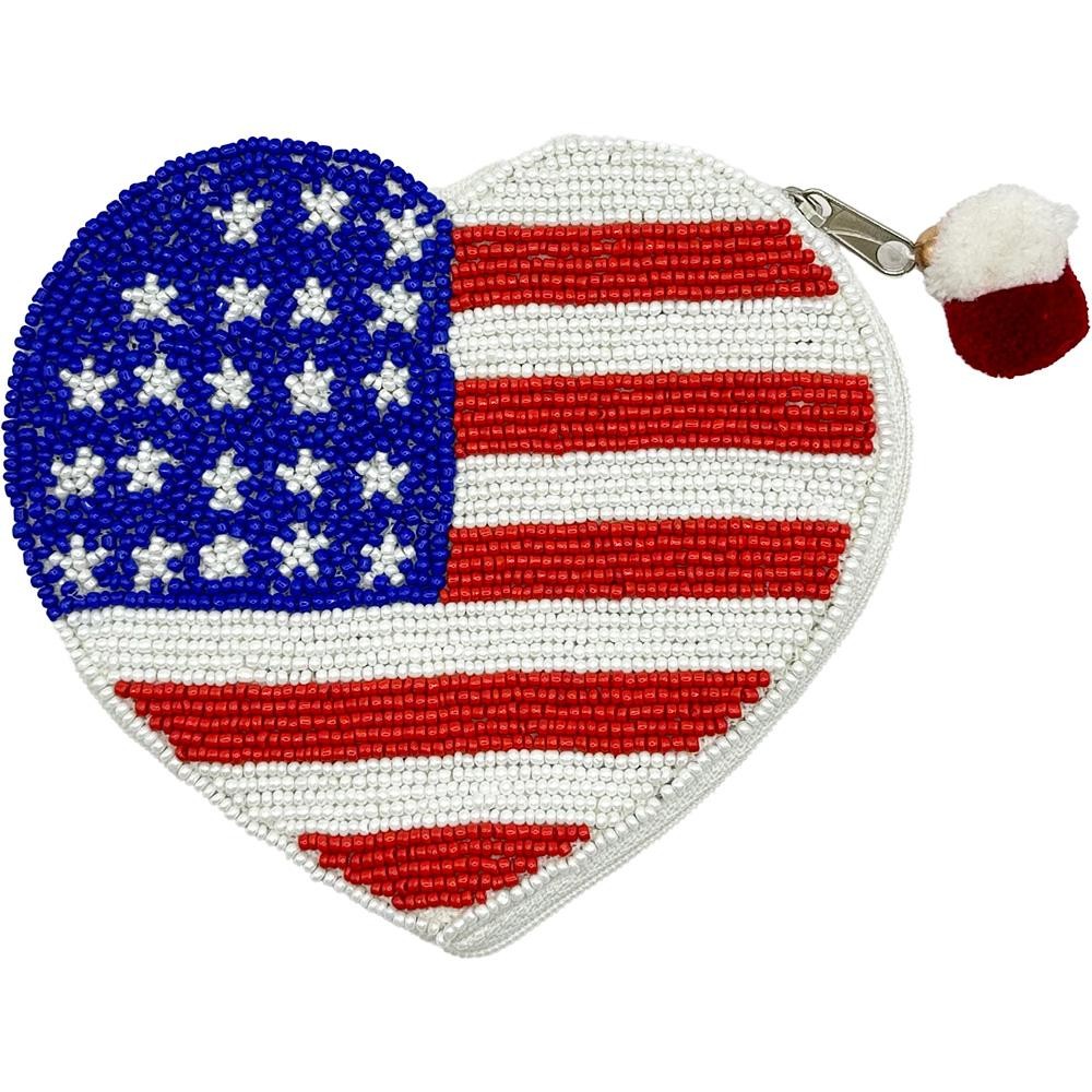 Americana Heart Seed Beaded Canvas Bag With Pom Pom Zipper - Fully Lined Inside - 100% Cotton Bag - Approximately 5.5" L X 4.5" T view 2